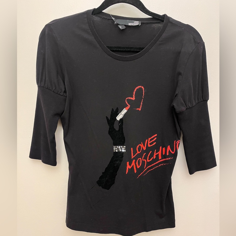 Love Moschino Lipstick Designer Black T Shirt - US Size 8 / Medium